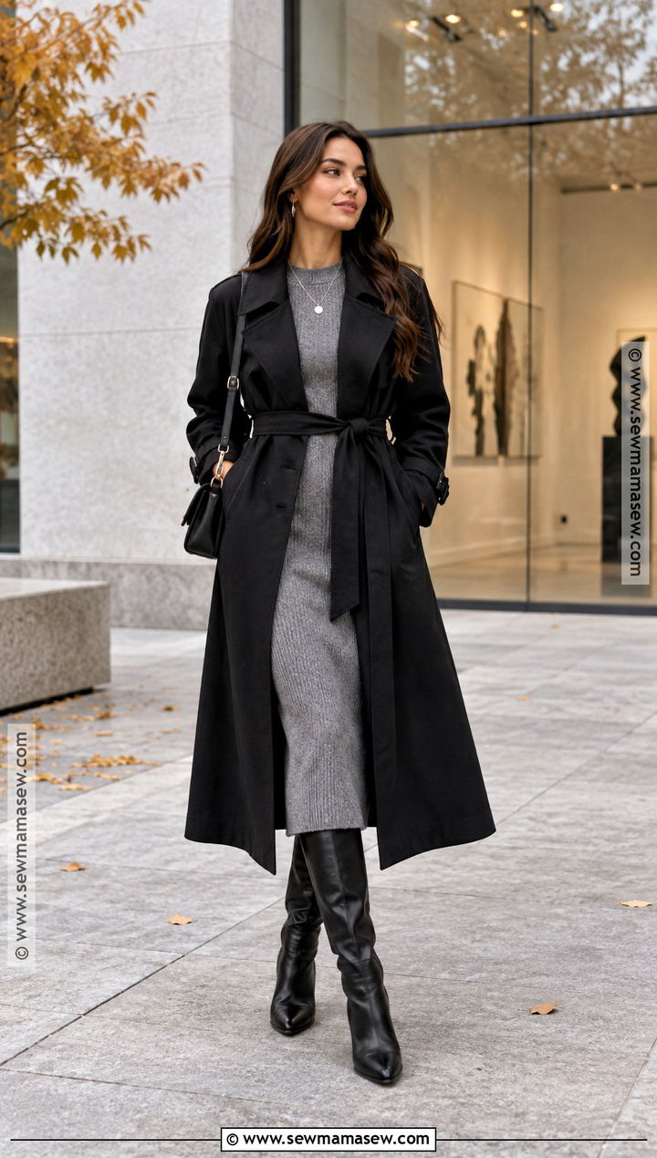 Black Trench Coat With Knit Dress - 20 fall outfits trench coat
