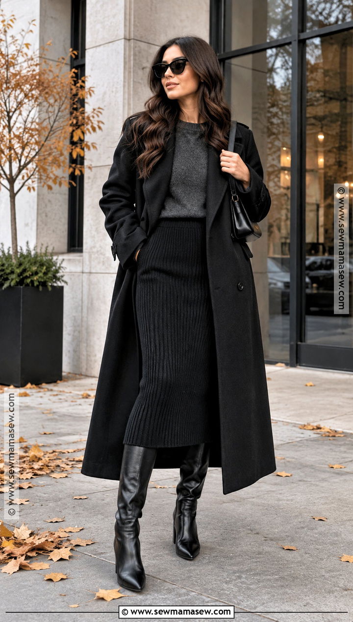 Black Trench Coat With Knit Skirt And Knee High Boots - 25 fall trench coat outfits