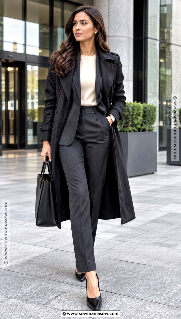 Black Trench Coat With Matching Suit And Pumps - 15 black trench coat outfit fall ideas