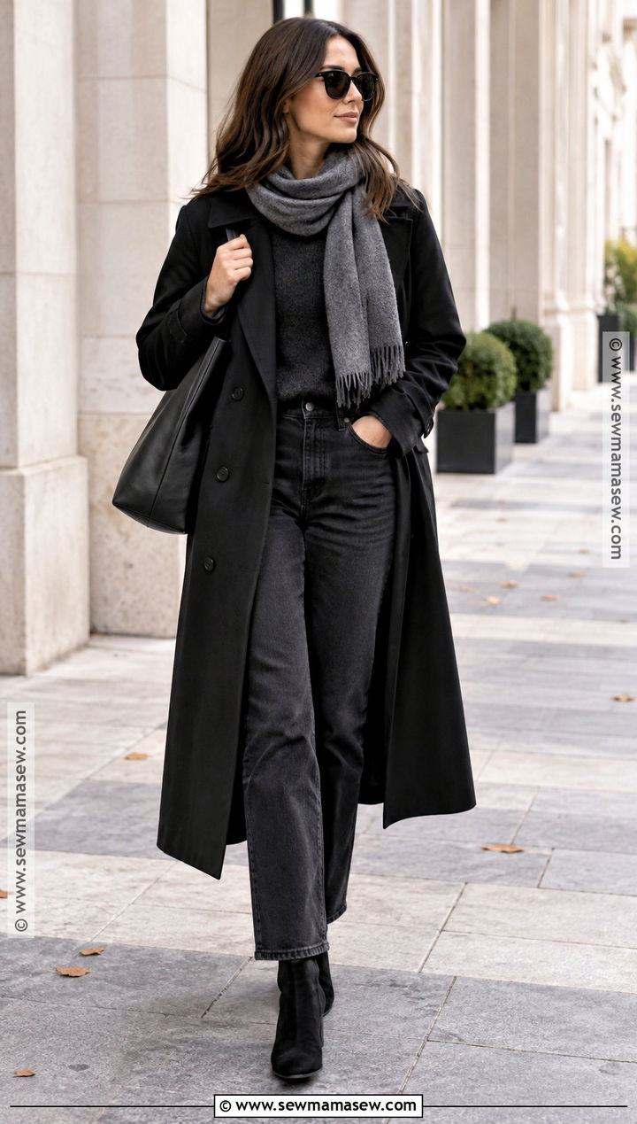 Black Trench Coat With Monochrome Basics - 20 autumn trench coat outfit ideas