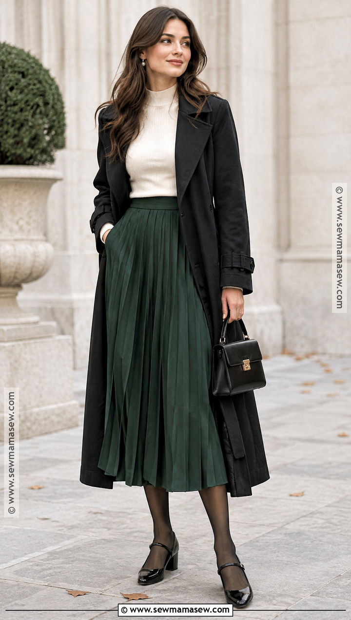 Black Trench Coat With Pleated Midi Skirt And Mary Janes - 15 black trench coat outfit fall ideas