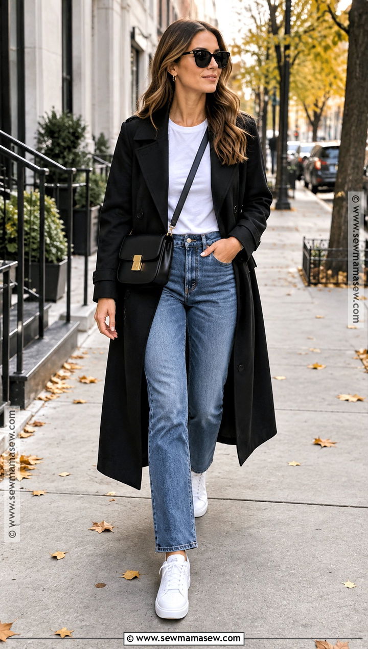 Black Trench Coat With Straight Leg Jeans And Sneakers - 15 black trench coat outfit fall ideas
