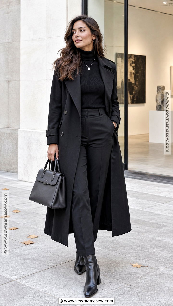 Black Trench Coat With Turtleneck And Black Pants - 20 Trench Coat Outfit Autumn Ideas