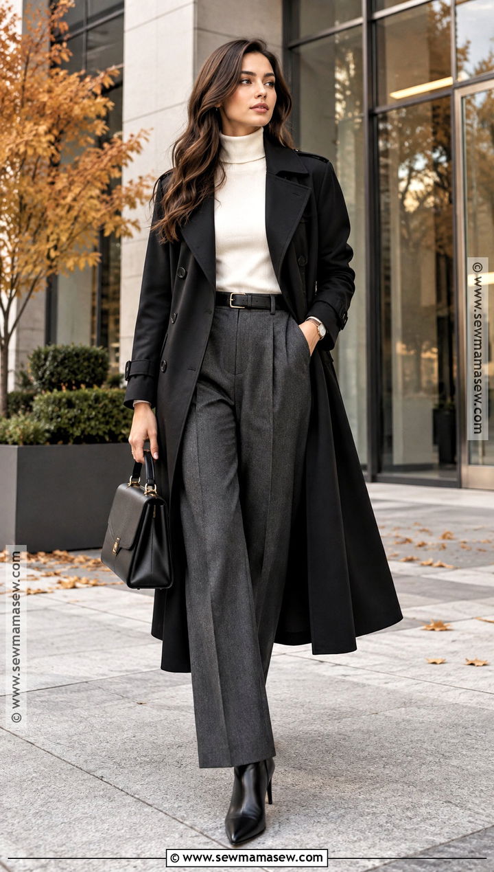 Black Trench Coat With Turtleneck And Trousers - 15 fall trench coat outfit ideas