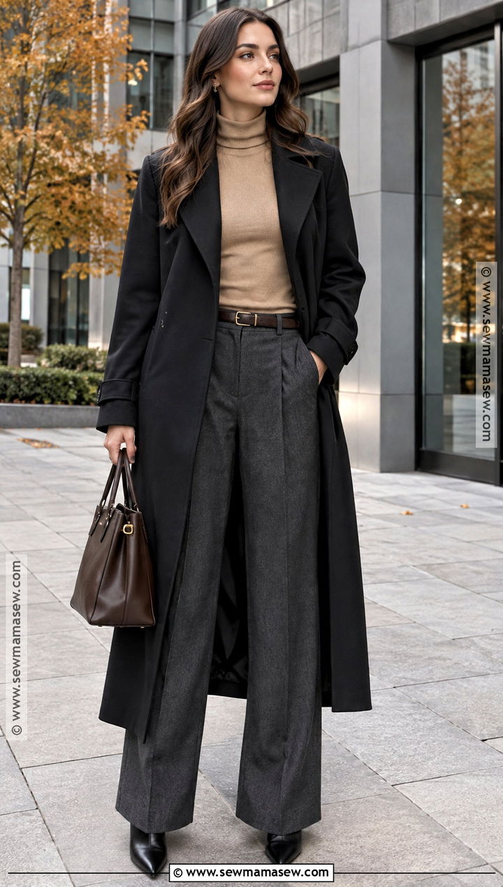 Black Trench Coat With Turtleneck And Wide Leg Trousers - 15 black trench coat outfit fall ideas