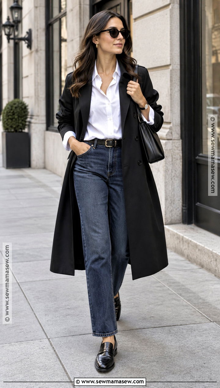 Black Trench Coat With White Shirt And Loafers - 15 black trench coat outfit fall ideas