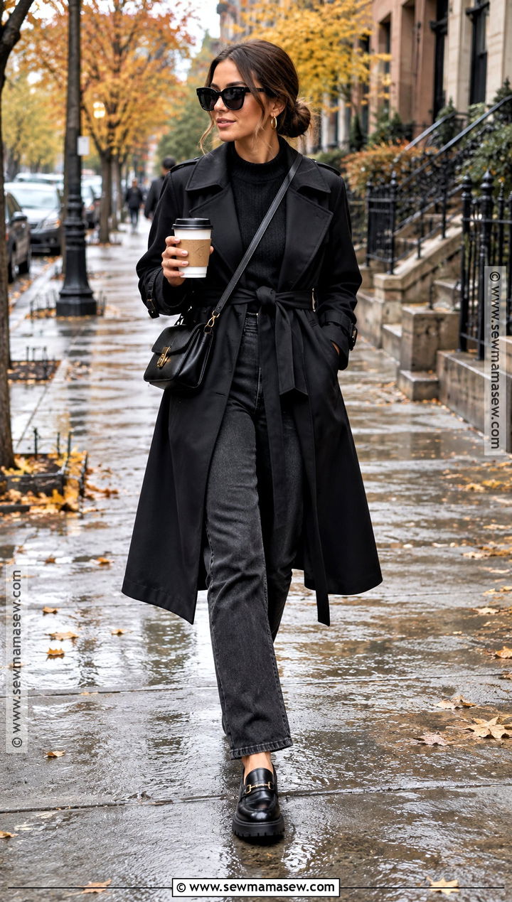 Black Trench Coat and Jeans Outfit - 20 Black Fall Outfits for Women