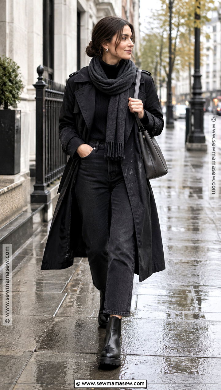 Black Trench Sweater And Rain Boots Outfit - 25 autumn rainy day outfit ideas