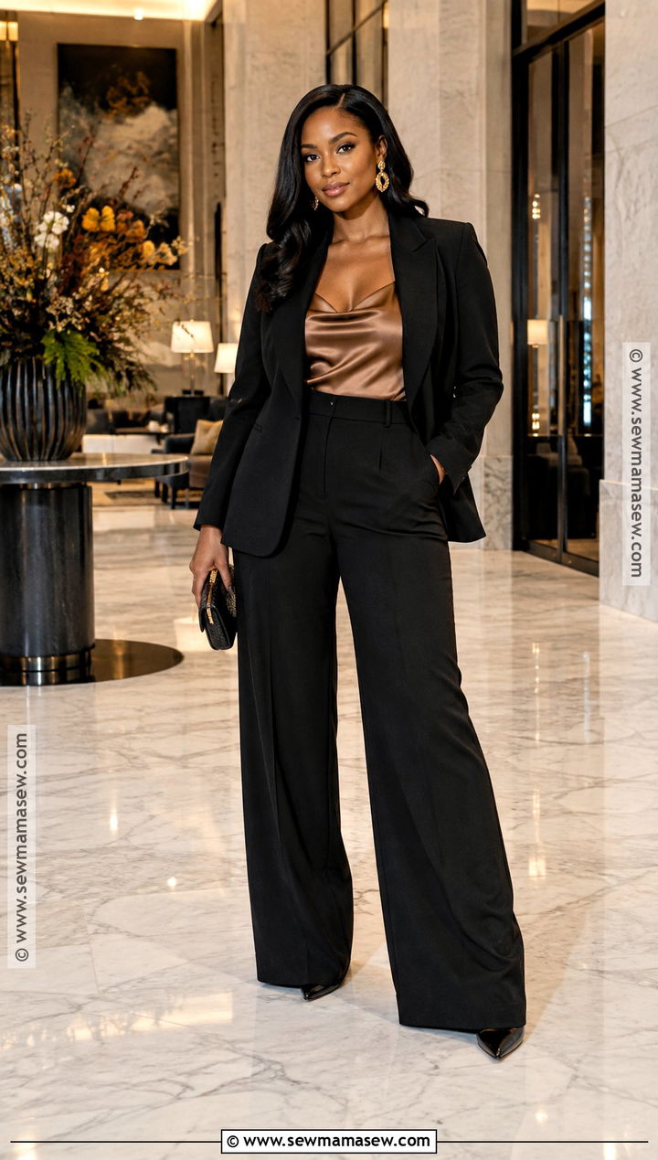 Black Trouser Suit And Satin Camisole Outfit - 15 date night outfit fall black ideas for women