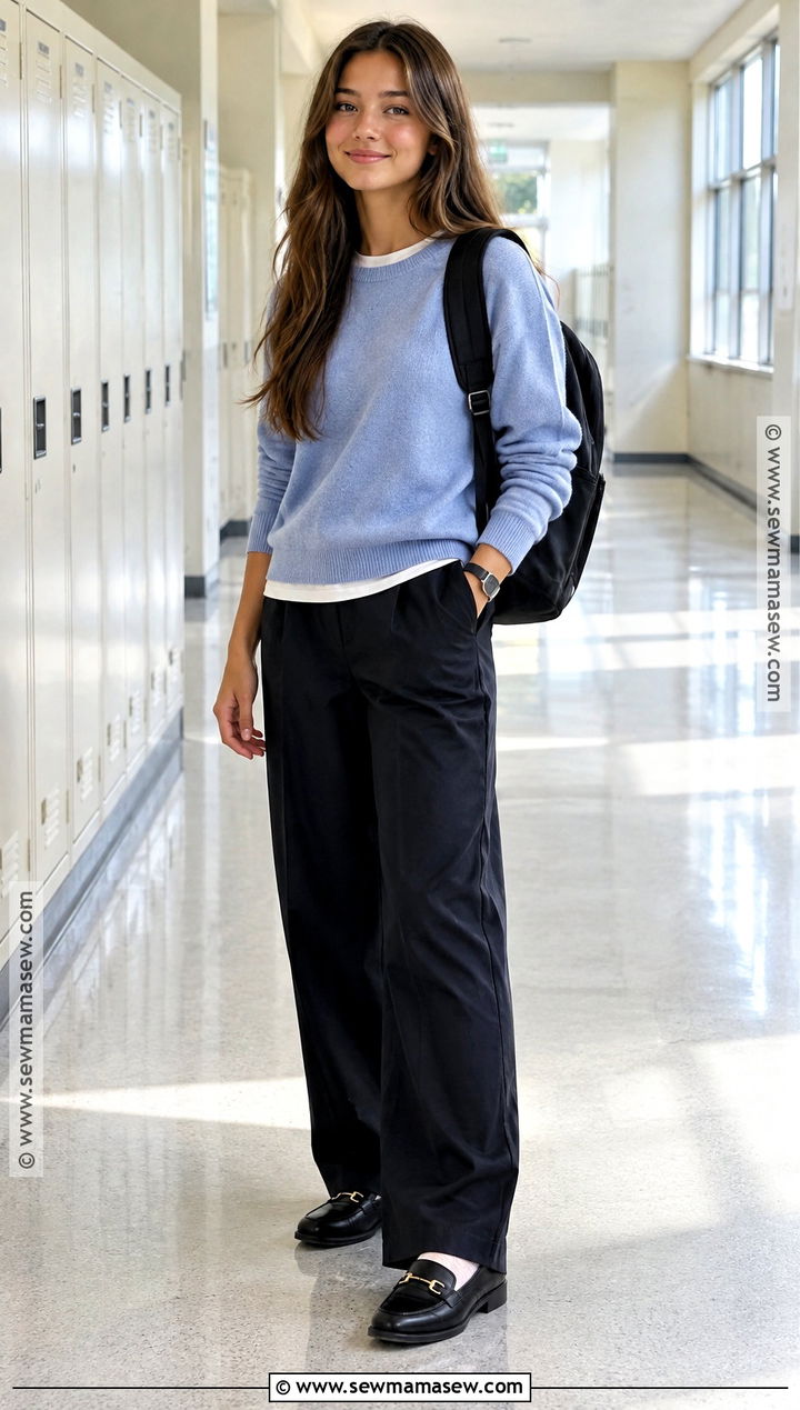 Black Trousers And Crewneck Sweater School Outfit - 15 back to school outfits dress code approved