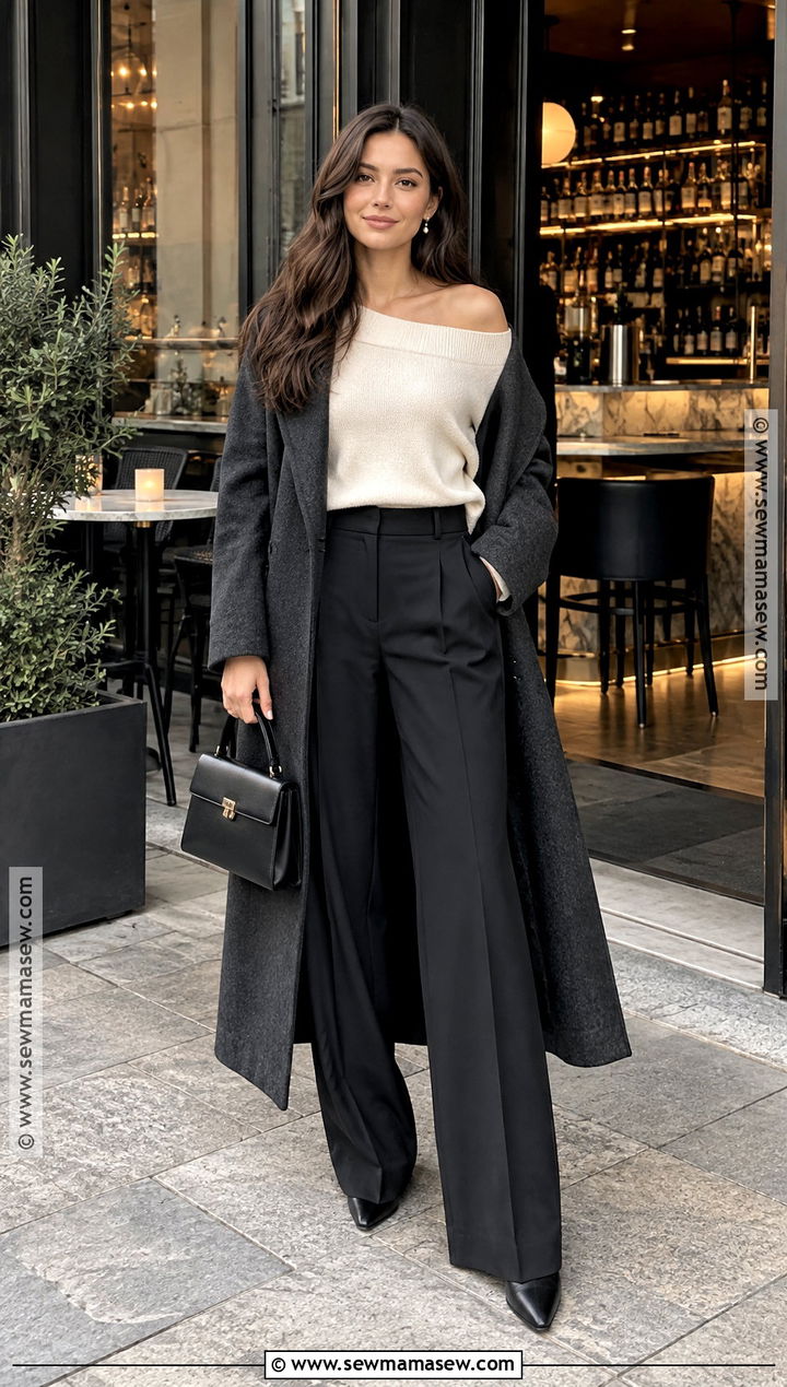 Black Trousers And Off Shoulder Sweater Bar Outfit - 15 bar outfit night fall casual ideas