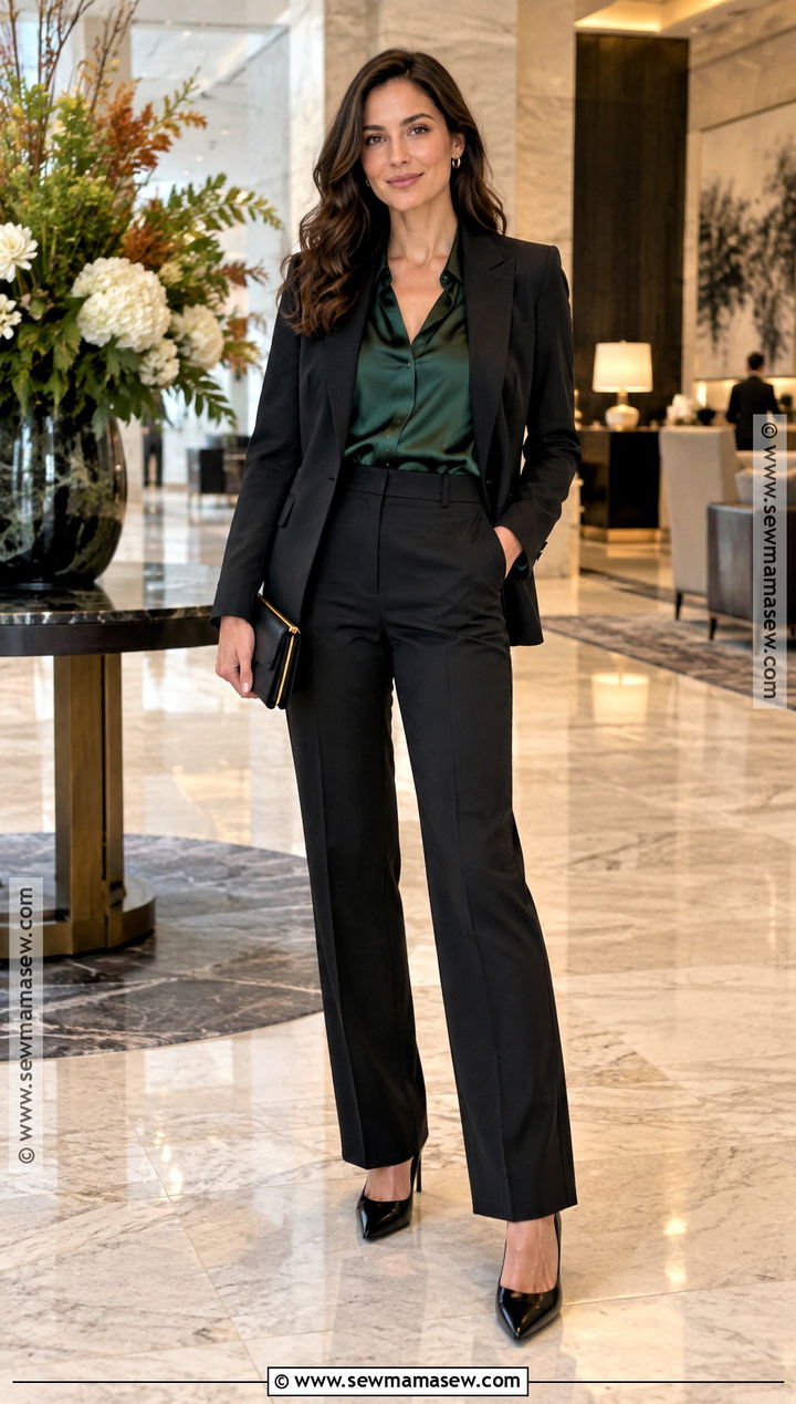 Black Trousers And Satin Blouse Fall Outfit - 25 fall date night outfit classy ideas