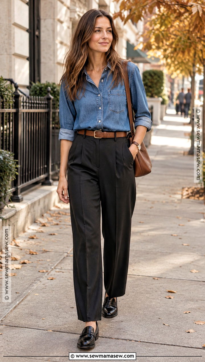 Black Trousers With A Denim Shirt And Leather Loafers - 15 black trousers autumn outfit ideas