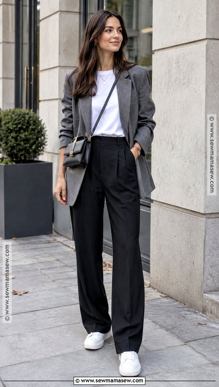 Black Trousers With A Gray Blazer And Sneakers - 15 black trousers autumn outfit ideas
