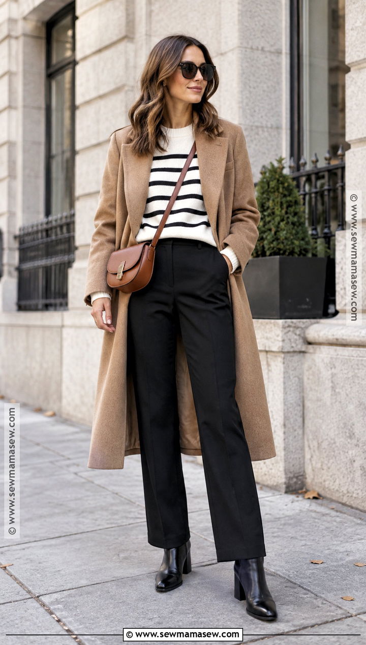Black Trousers With A Striped Sweater And Ankle Boots - 15 black trousers autumn outfit ideas