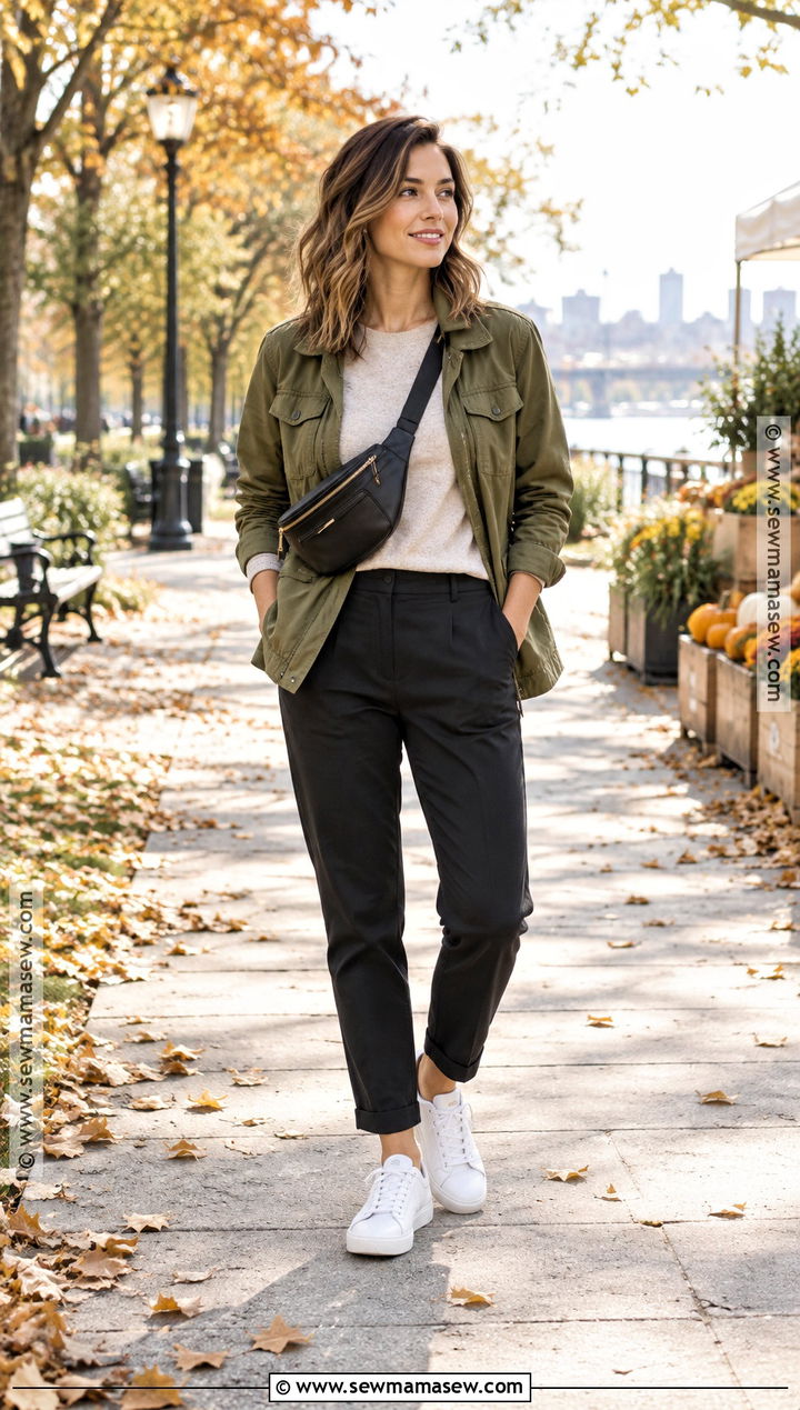 Black Trousers With An Olive Jacket And White Sneakers - 15 black trousers autumn outfit ideas