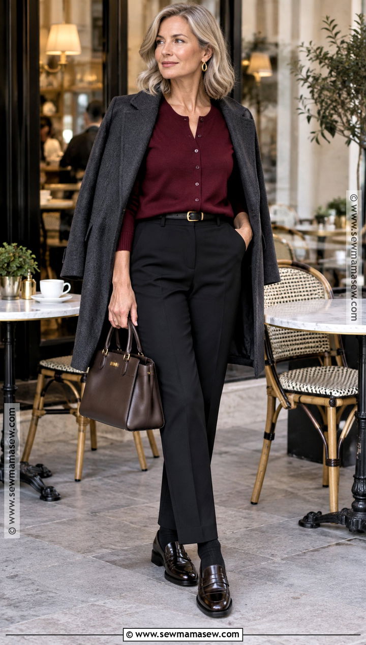 Black Trousers With Burgundy Cardigan and Loafers - 15 Black Trousers Outfit Casual Fall Ideas