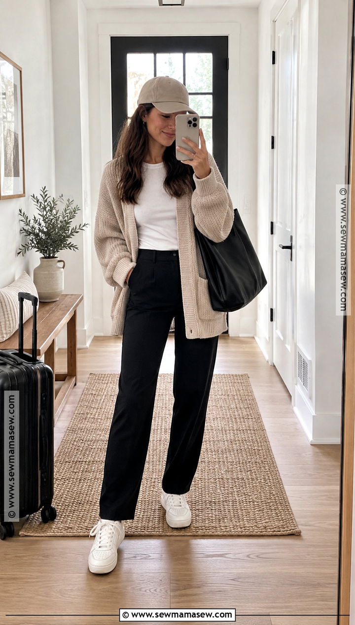 Black Trousers With Cardigan And Sneakers - 20 black trousers outfit fall ideas