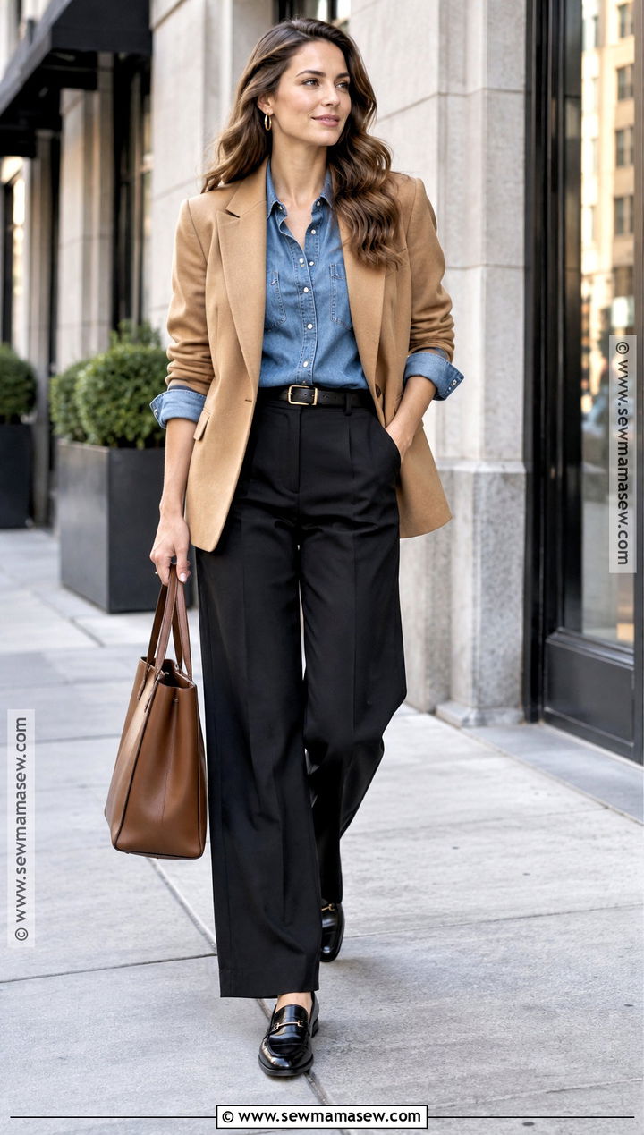 Black Trousers With Denim Shirt And Loafers - 20 black trousers outfit fall ideas