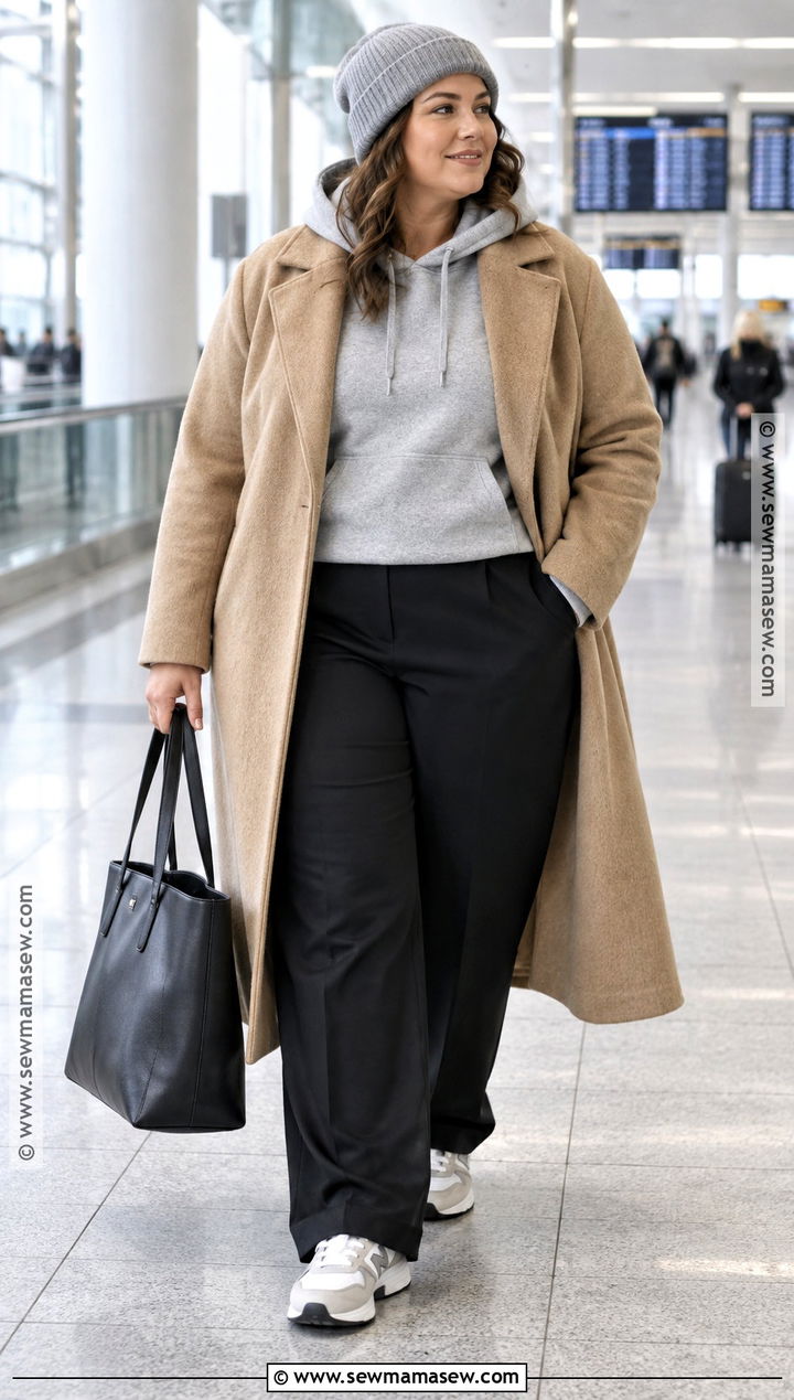 Black Trousers With Gray Hoodie and Wool Coat - 15 Black Trousers Outfit Casual Fall Ideas