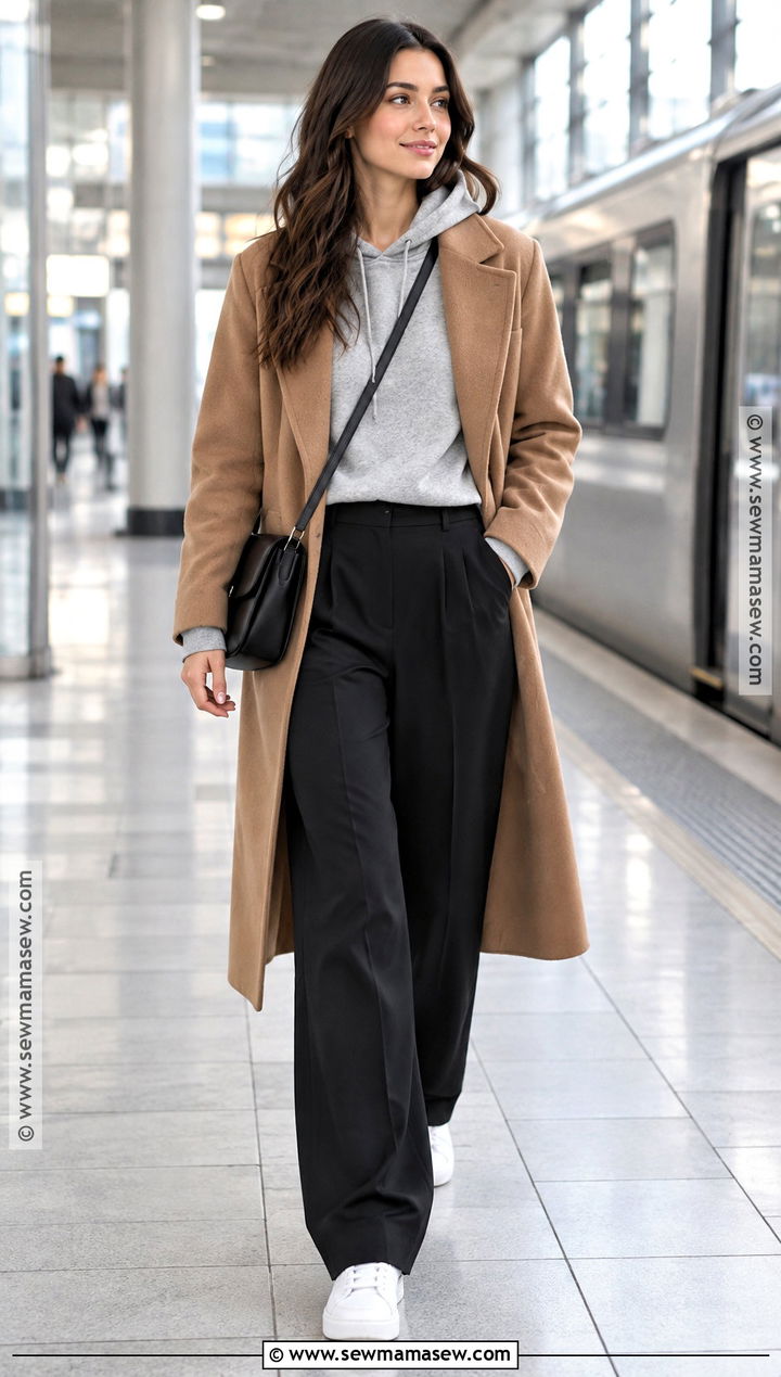 Black Trousers With Hoodie And Wool Coat - 20 black trousers outfit fall ideas
