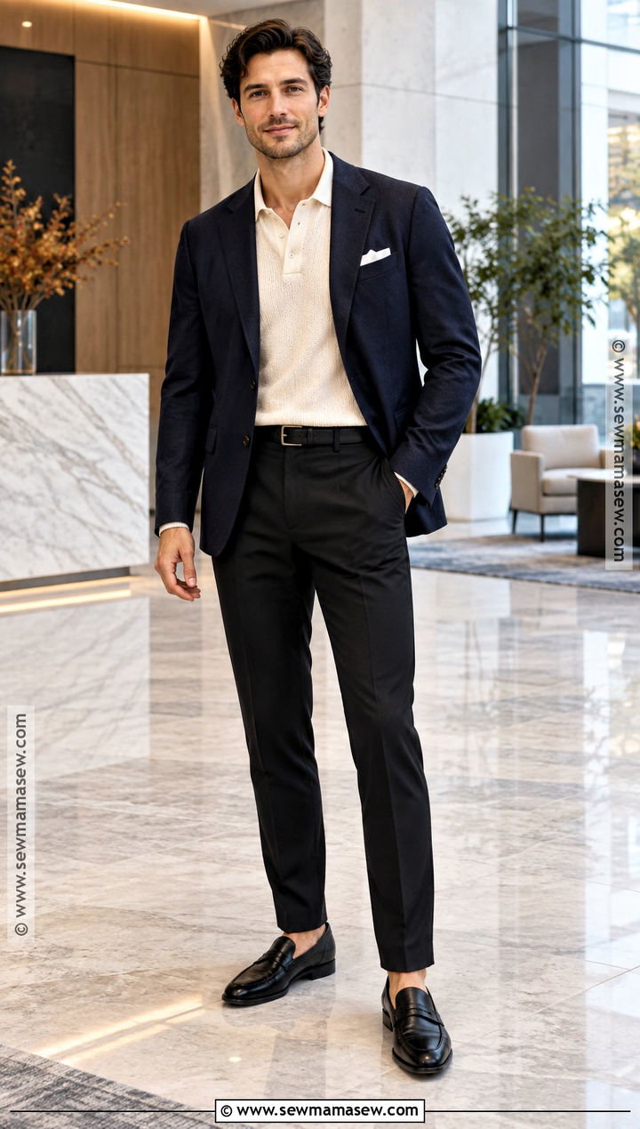 Black Trousers With Navy Blazer And Knit Polo - 15 Black Pants Fall Outfit for Men
