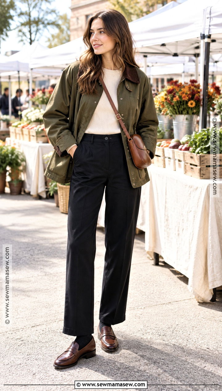 Black Trousers With Olive Barn Jacket and Loafers - 15 Black Trousers Outfit Casual Fall Ideas