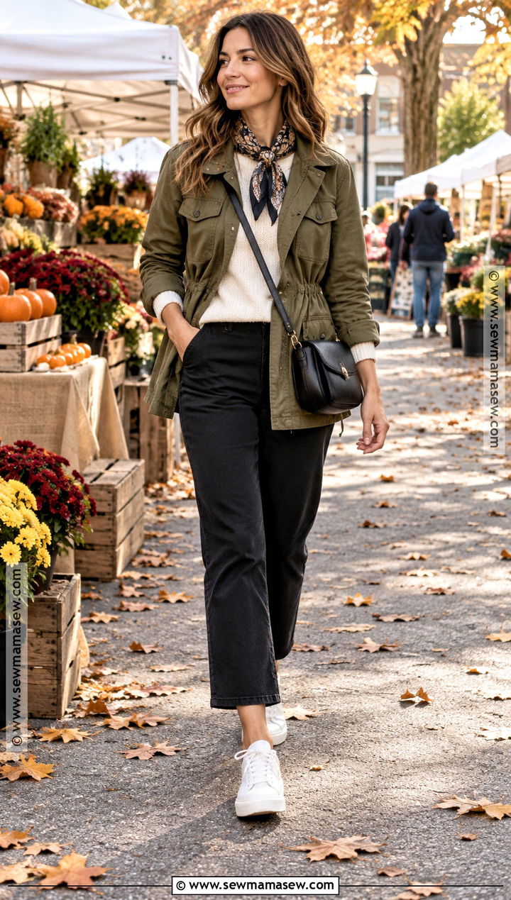Black Trousers With Olive Jacket And Sneakers - 20 black trousers outfit fall ideas