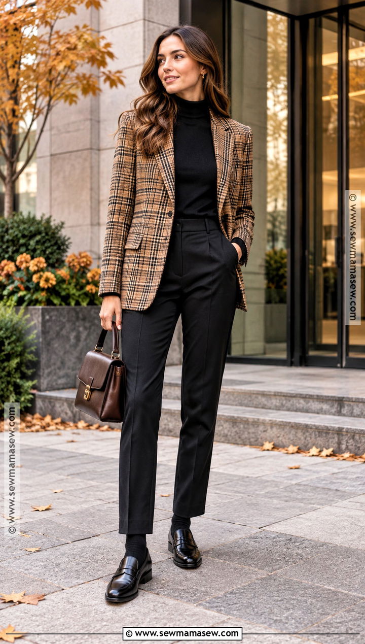 Black Trousers With Plaid Blazer And Loafers - 20 black trousers outfit fall ideas