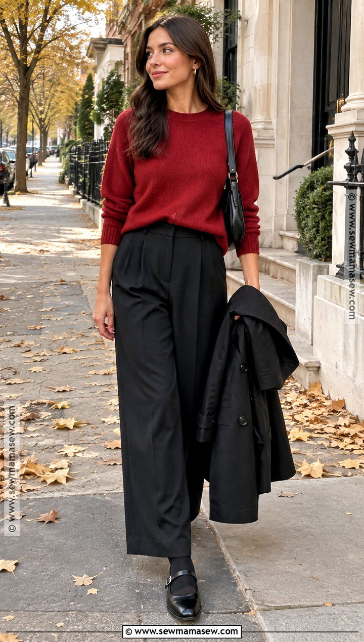 Black Trousers With Red Sweater and Mary Janes - 15 Black Trousers Outfit Casual Fall Ideas