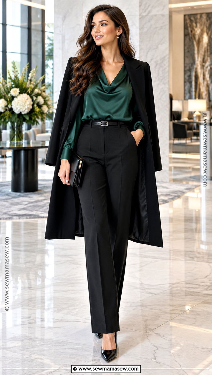 Black Trousers With Satin Blouse And Pumps - 20 black trousers outfit fall ideas
