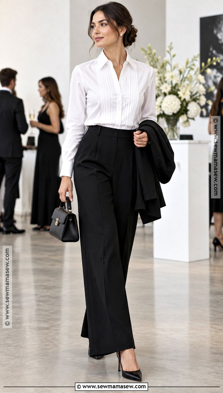 Black Trousers With Tuxedo Shirt And Slingback Heels - 20 black trousers outfit fall ideas
