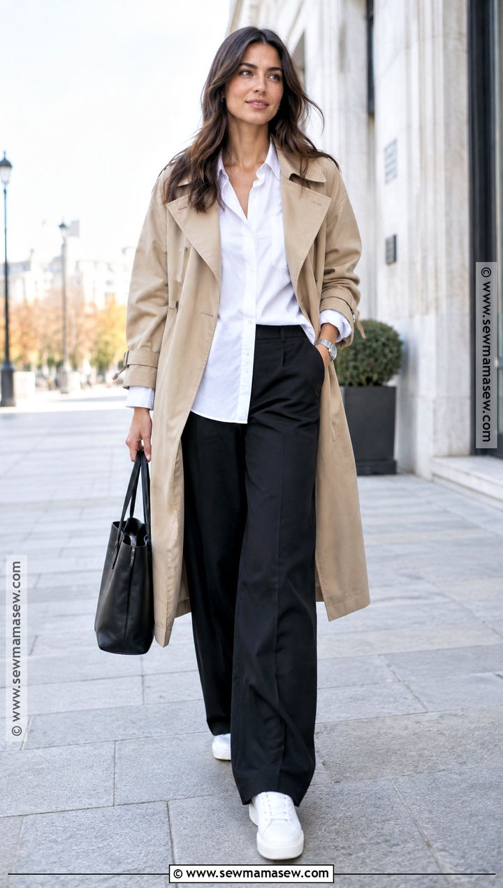 Black Trousers With White Shirt And Trench Coat - 20 black trousers outfit fall ideas