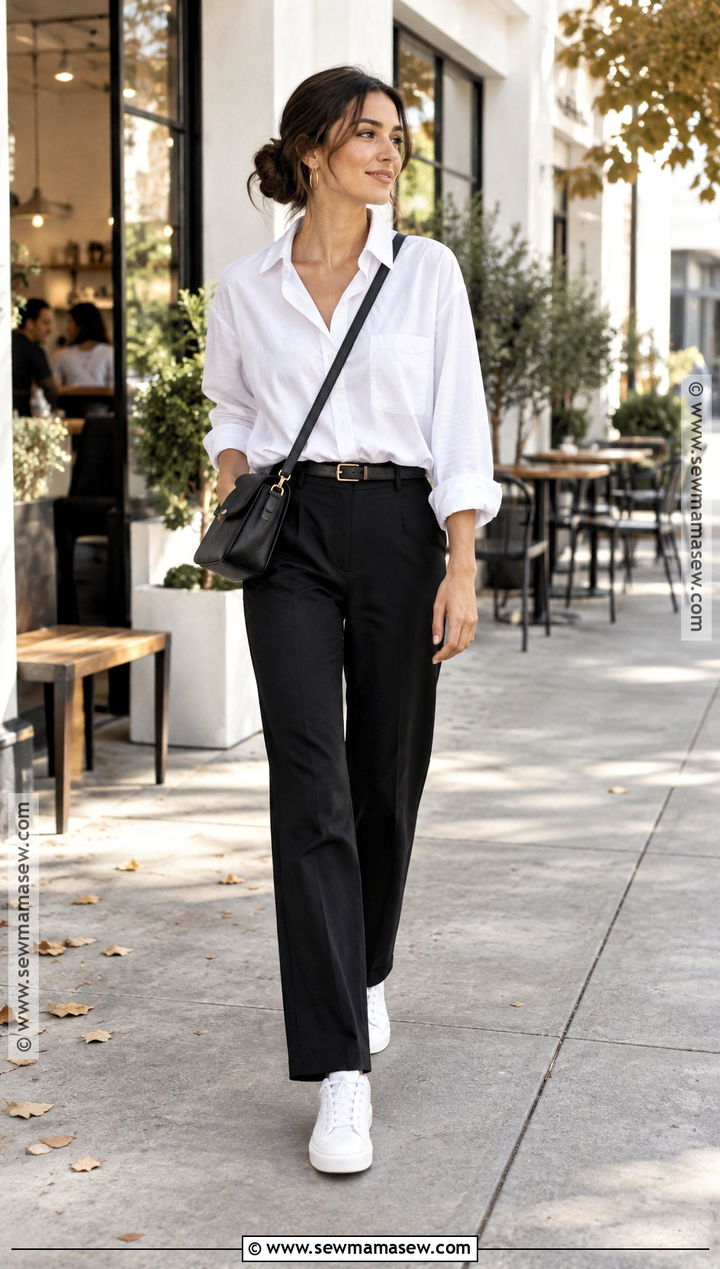 Black Trousers With White Shirt and Sneakers - 15 Black Trousers Outfit Casual Fall Ideas