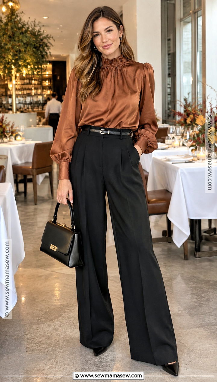 Black Trousers and Statement Blouse Thanksgiving Outfit - 20 outfits for thanksgiving for women