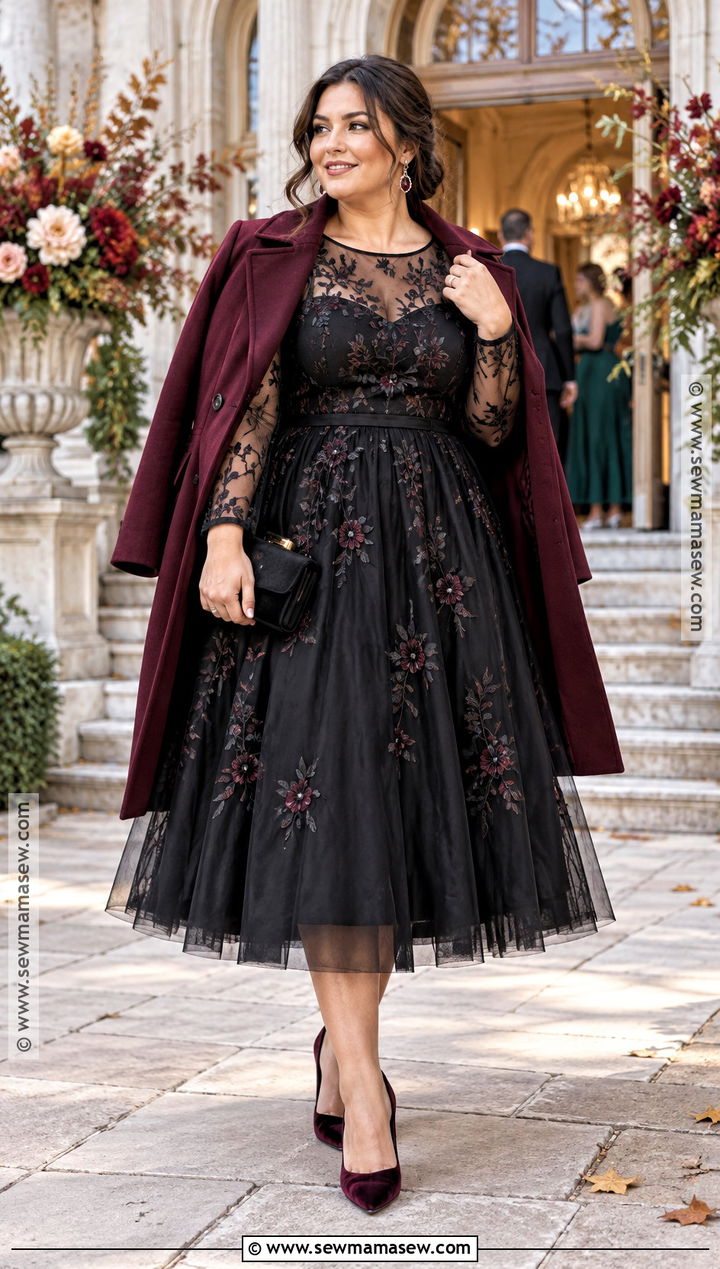 Black Tulle Overlay Fall Wedding Guest Dress - 25 fall wedding guest dress ideas for plus size