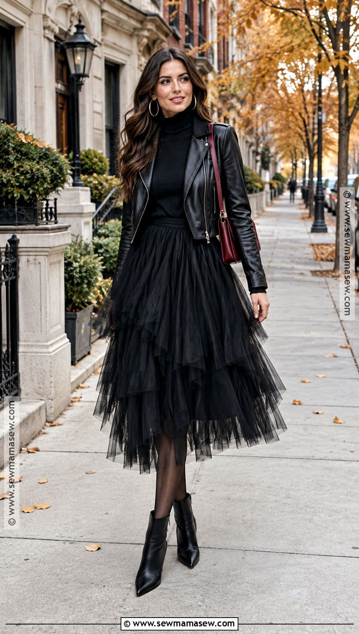 Black Tulle Skirt With Leather Jacket - 15 tulle skirt fall outfit ideas