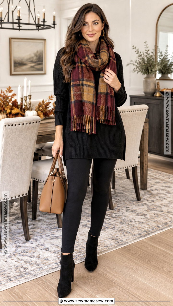 Black Tunic With Plaid Scarf And Leggings - 20 Thanksgiving Outfit With Leggings