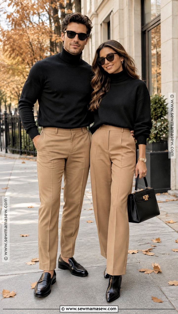 Black Turtleneck And Camel Pants Couple Outfit - 20 fall matching outfits for couples