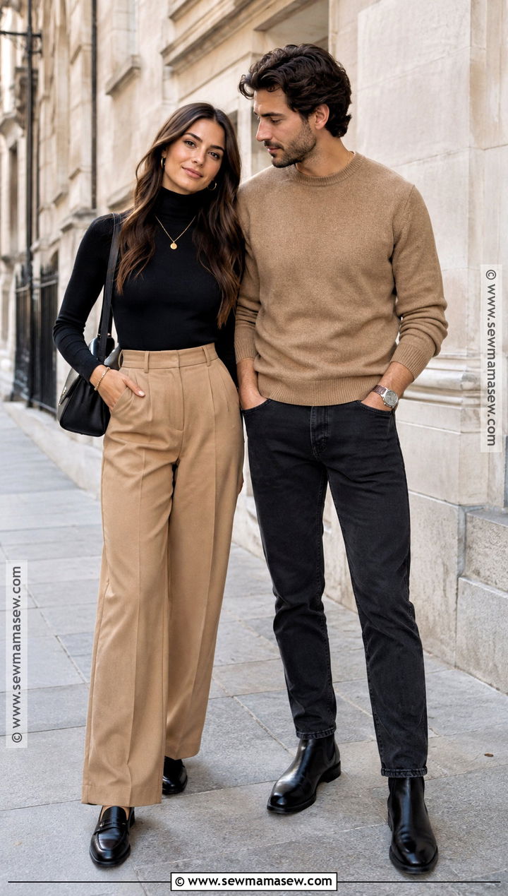 Black Turtleneck And Camel Pants Fall Couple Outfit - 20 fall pictures for couples outfits