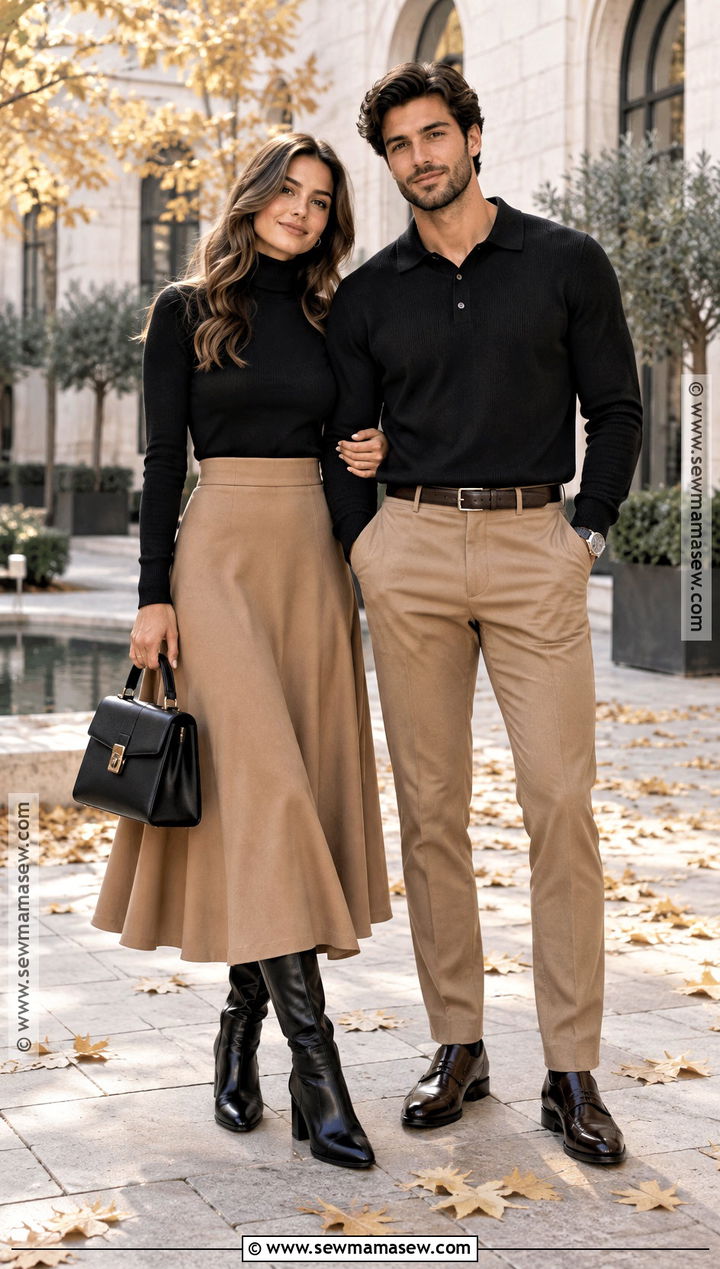 Black Turtleneck And Camel Skirt Fall Couples Outfit - 15 fall couples pics outfits