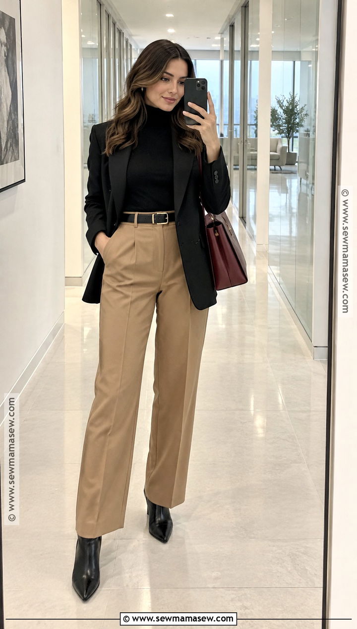 Black Turtleneck And Camel Trousers Autumn Corporate Outfit - 25 autumn corporate outfits