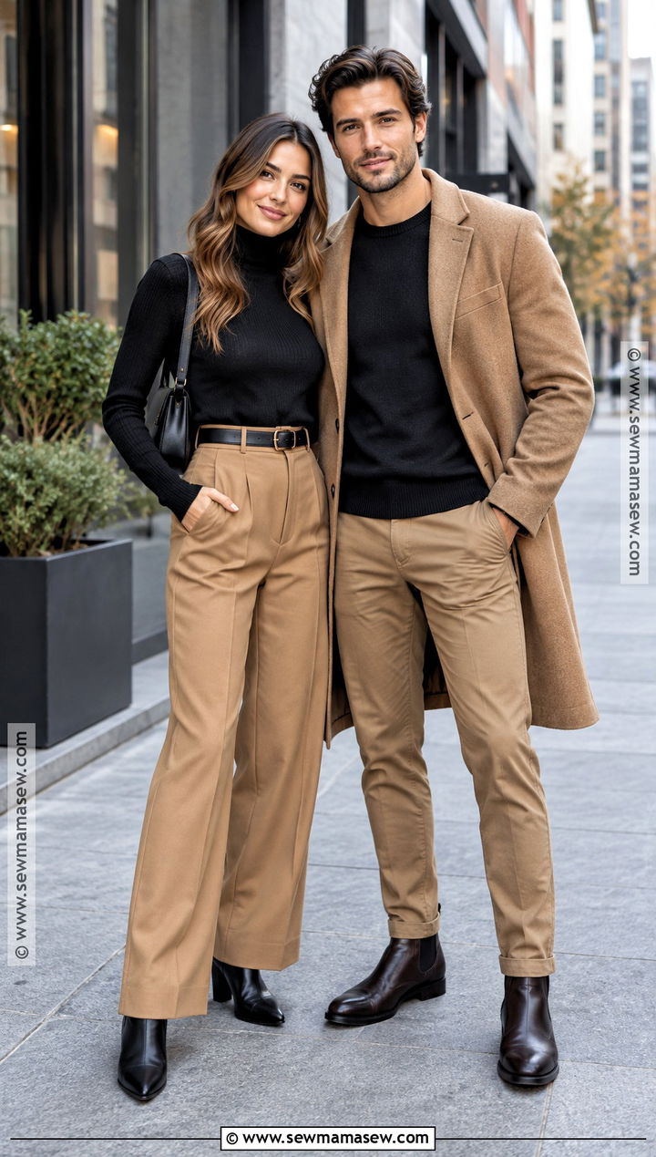 Black Turtleneck And Camel Trousers Couples Fall Photoshoot Outfit - 25 couples fall photoshoot outfits