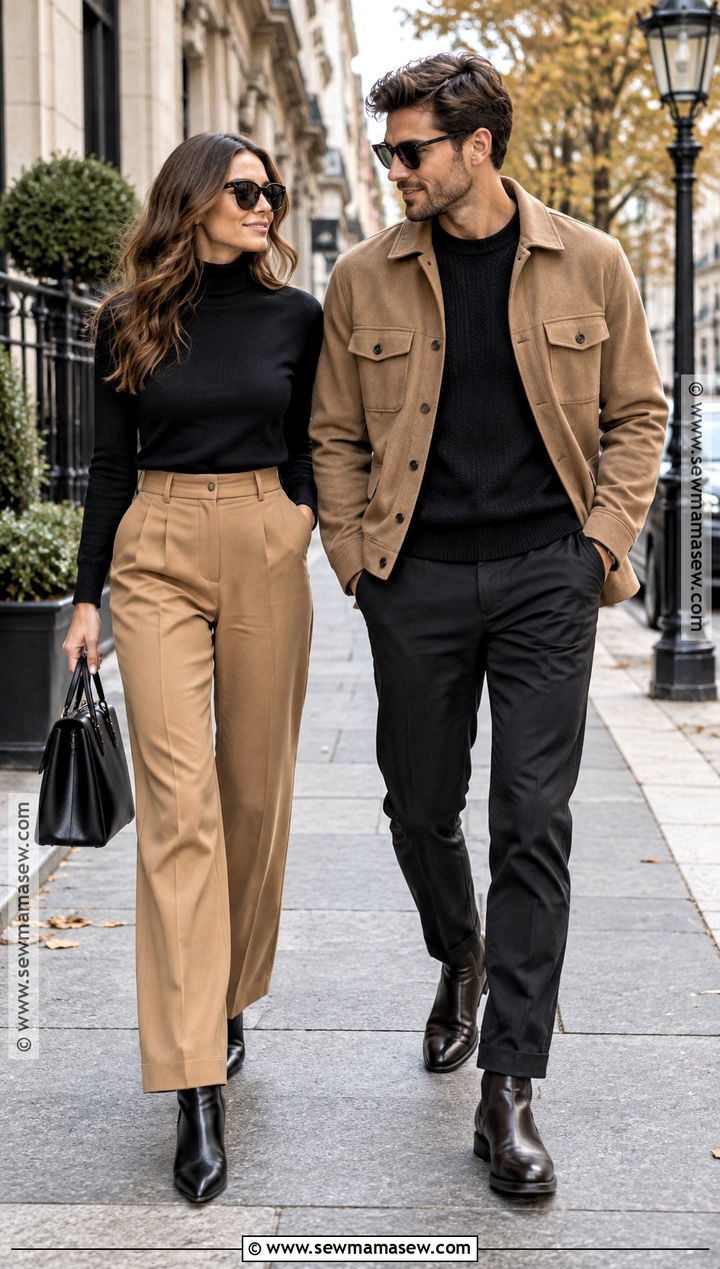 Black Turtleneck And Camel Trousers Fall Couple Outfit - 25 fall photo shoot outfits for couples