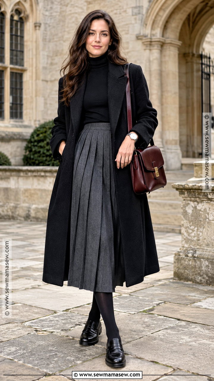 Black Turtleneck And Gray Pleated Skirt Dark Academia Outfit - 20 Autumn Dark Academia Outfits