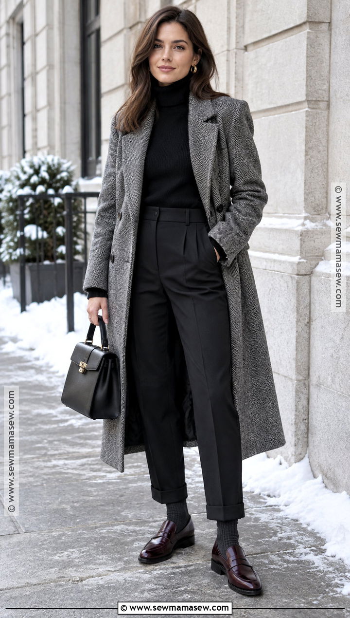 Black Turtleneck And Herringbone Coat Old Money Outfit - 15 Old Money Fall Winter Outfits