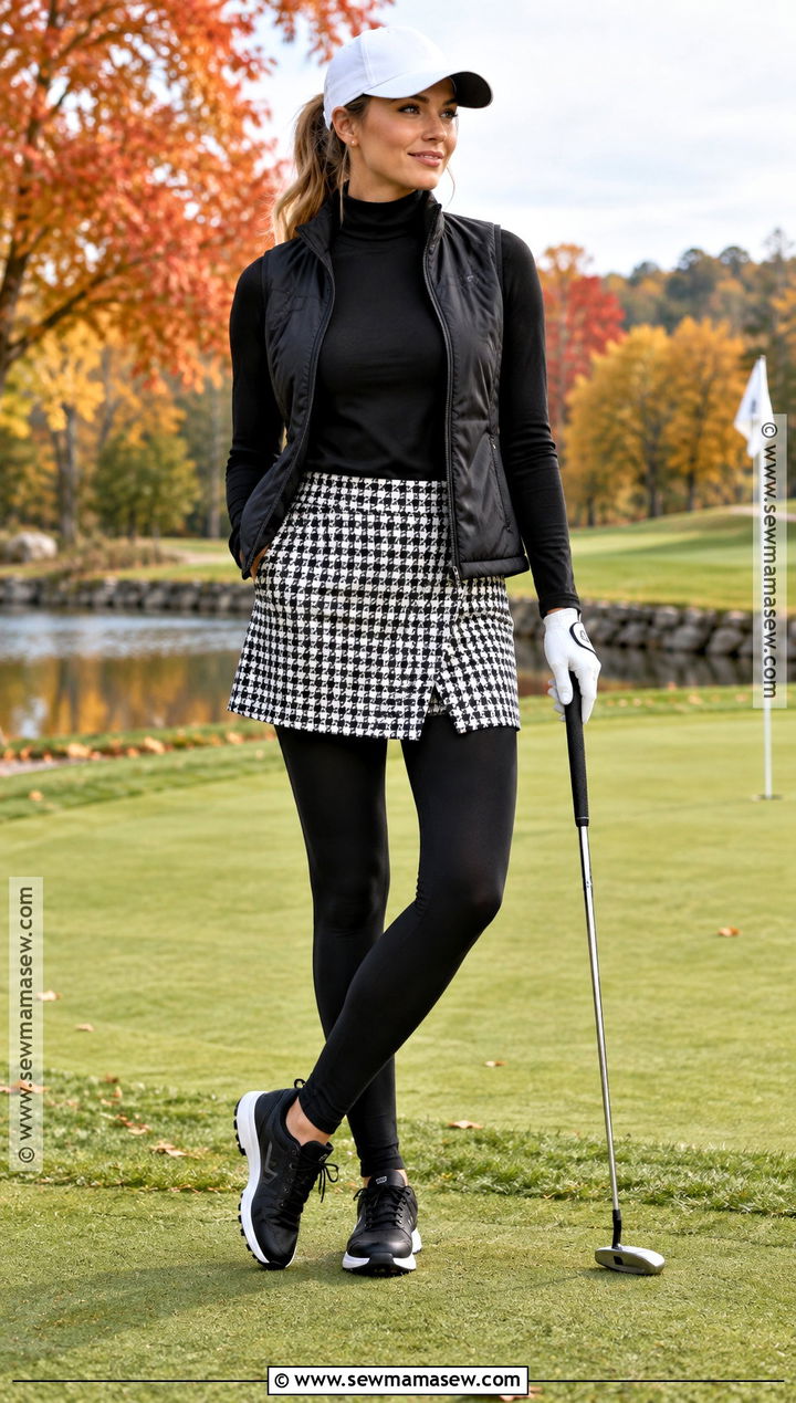 Black Turtleneck And Houndstooth Golf Skort Outfit - 15 ladies fall golf outfits