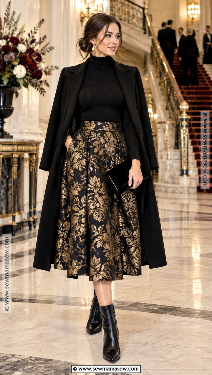 Black Turtleneck And Jacquard Skirt Outfit - 25 fancy fall outfits