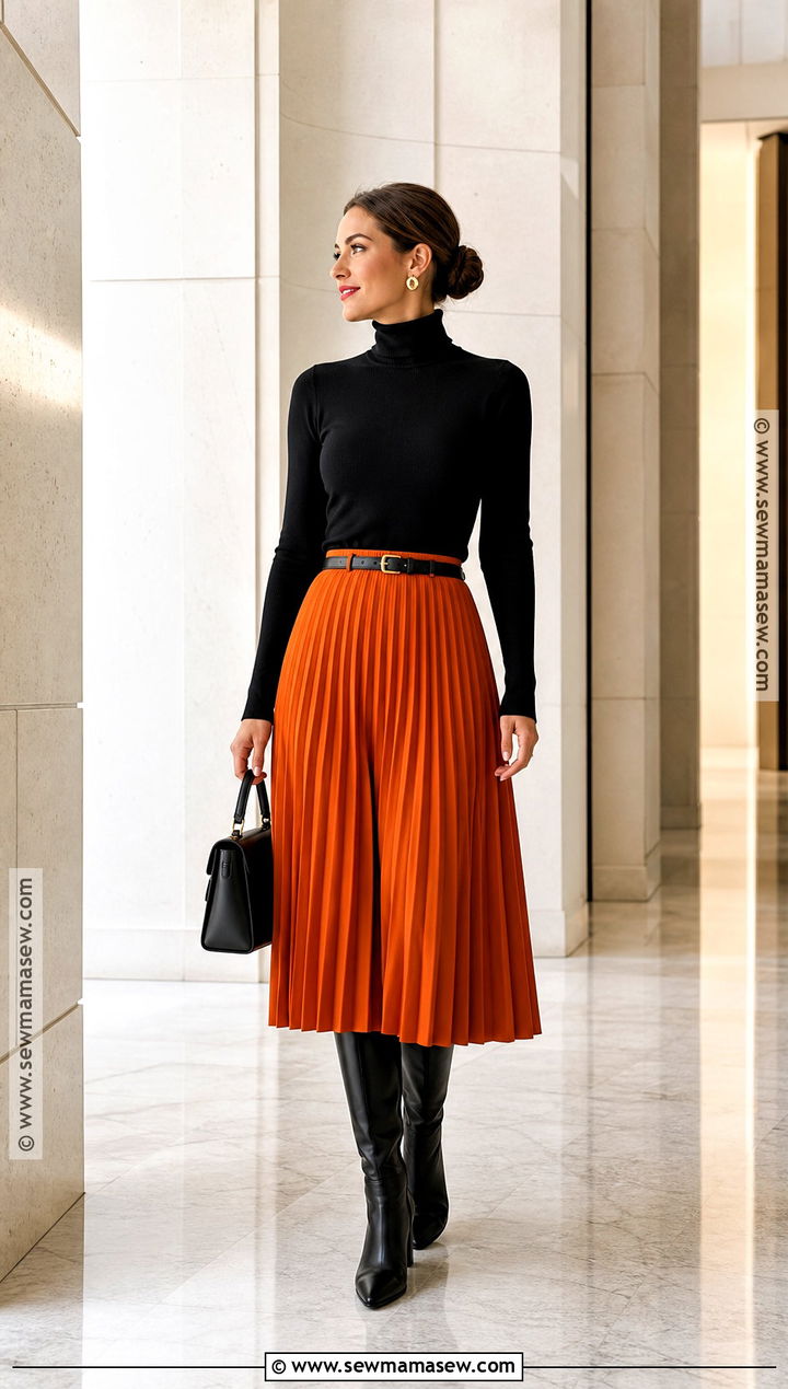 Black Turtleneck And Orange Midi Skirt Outfit - 30 Spooky Season Outfits