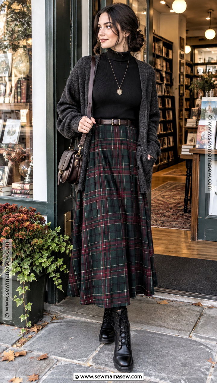 Black Turtleneck And Plaid Maxi Skirt Witchy Fall Outfit - 25 witchy fall outfits
